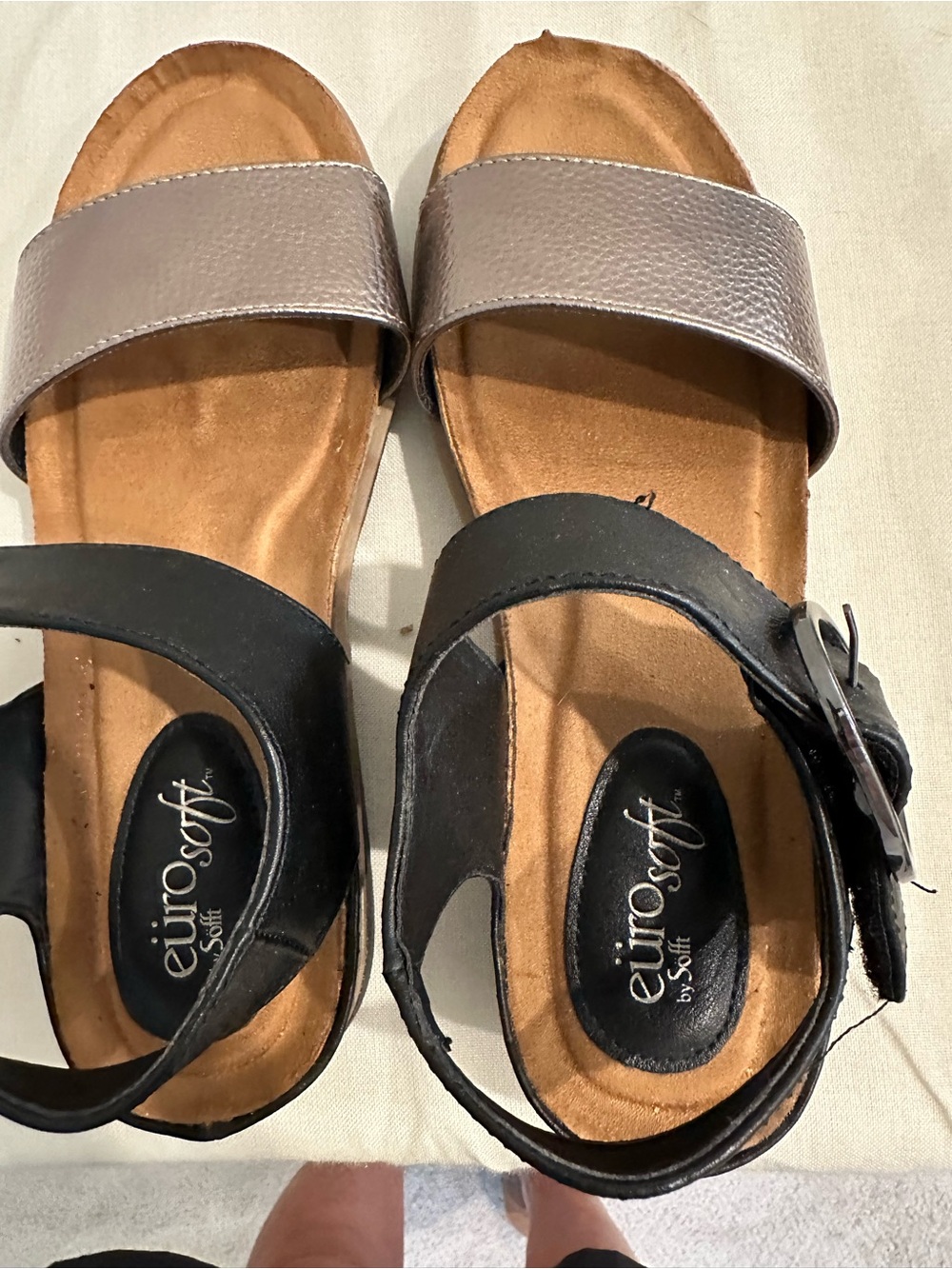 Eurosoft Two-Tone Metallic Taupe and Black Women's Slide Sandals